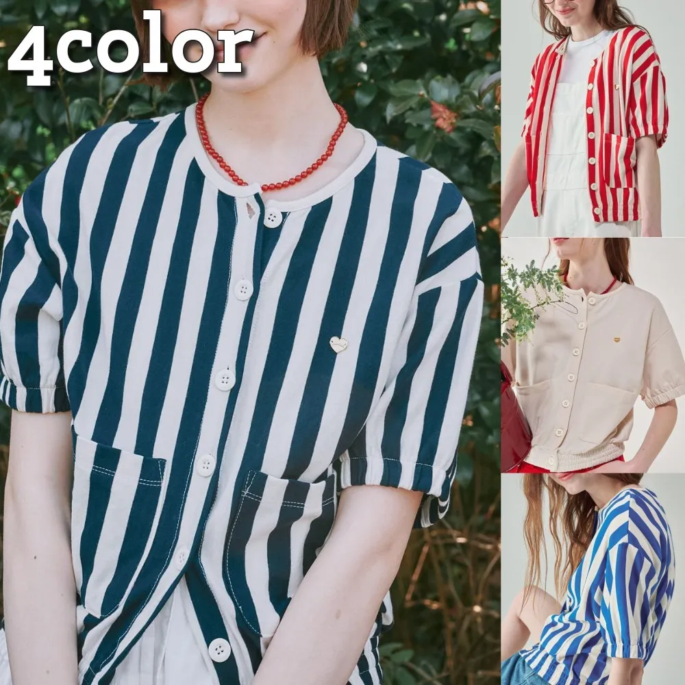 Stripes Heart Short Sleeves Logo Cardigans by RONRON