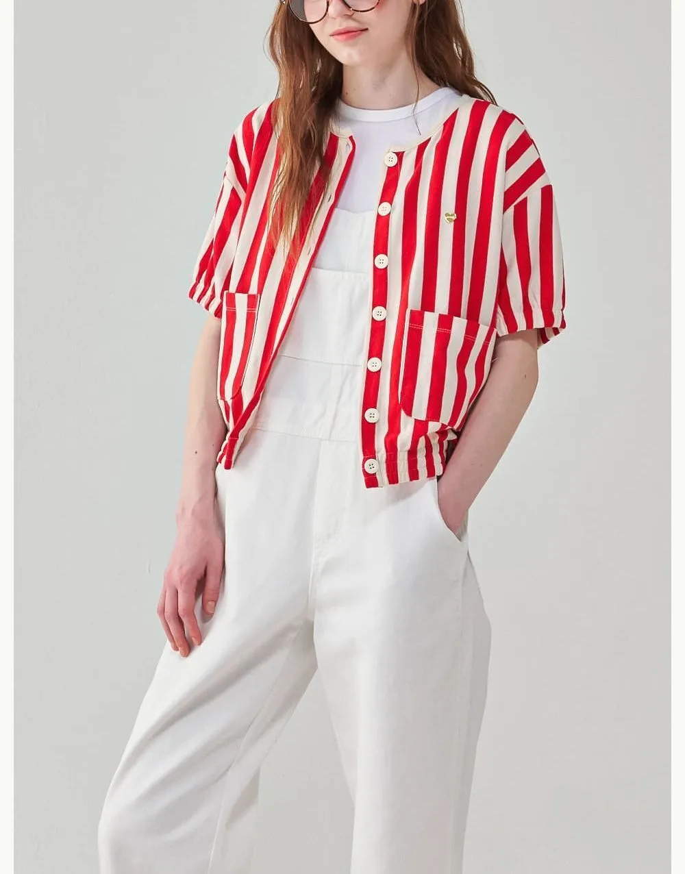 Stripes Heart Short Sleeves Logo Cardigans by RONRON