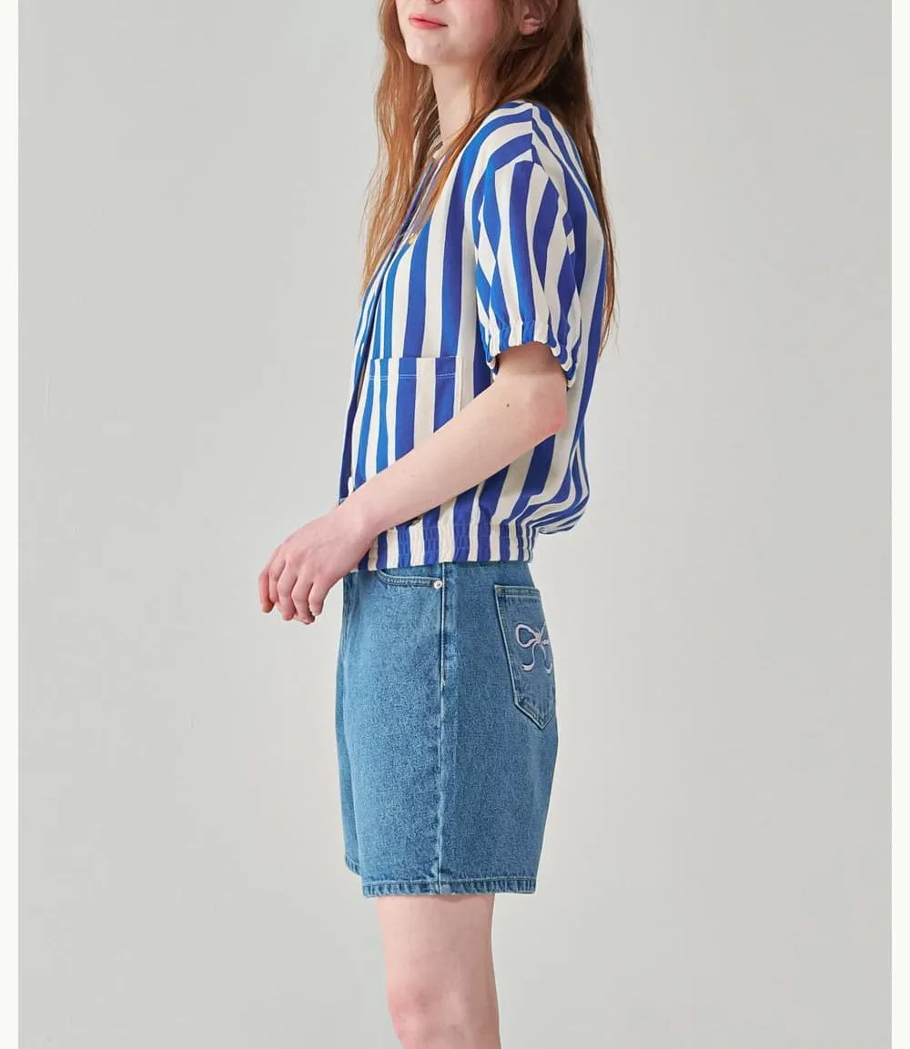 Stripes Heart Short Sleeves Logo Cardigans by RONRON