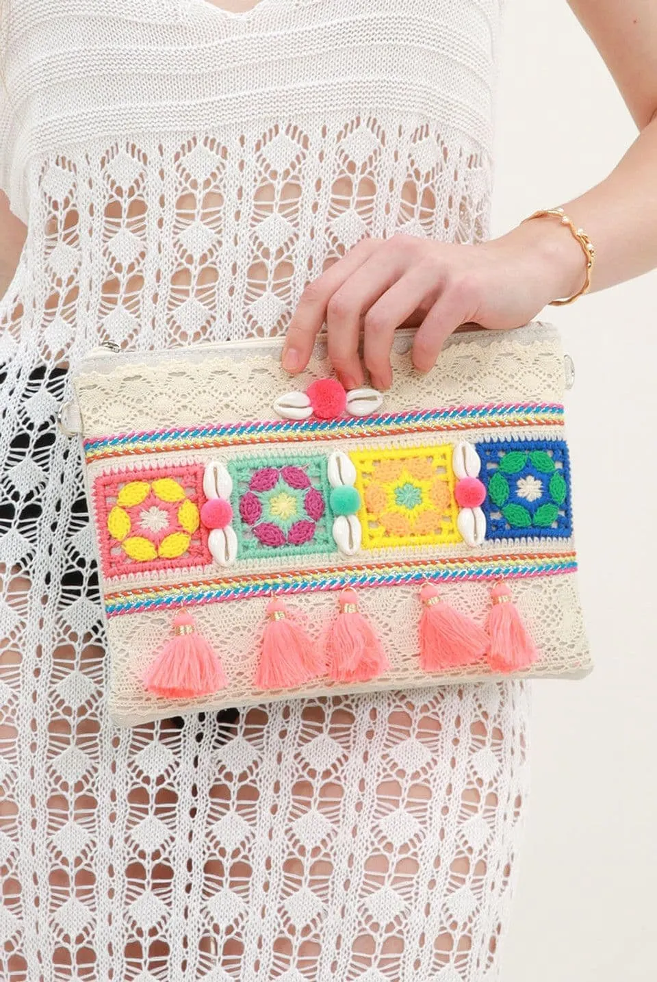 Shell and Tassel Multicoloured Boho Clutch Bag