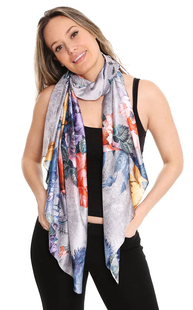 Silky Floral Print Oblong Scarf - JS1357