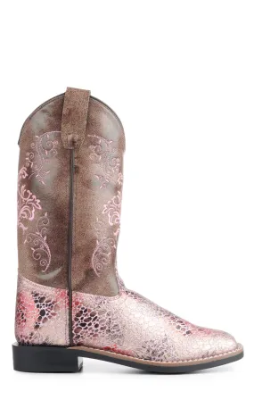 Square Toe Cowboy Boots Brown Crackle Antique Pink Youth Old West