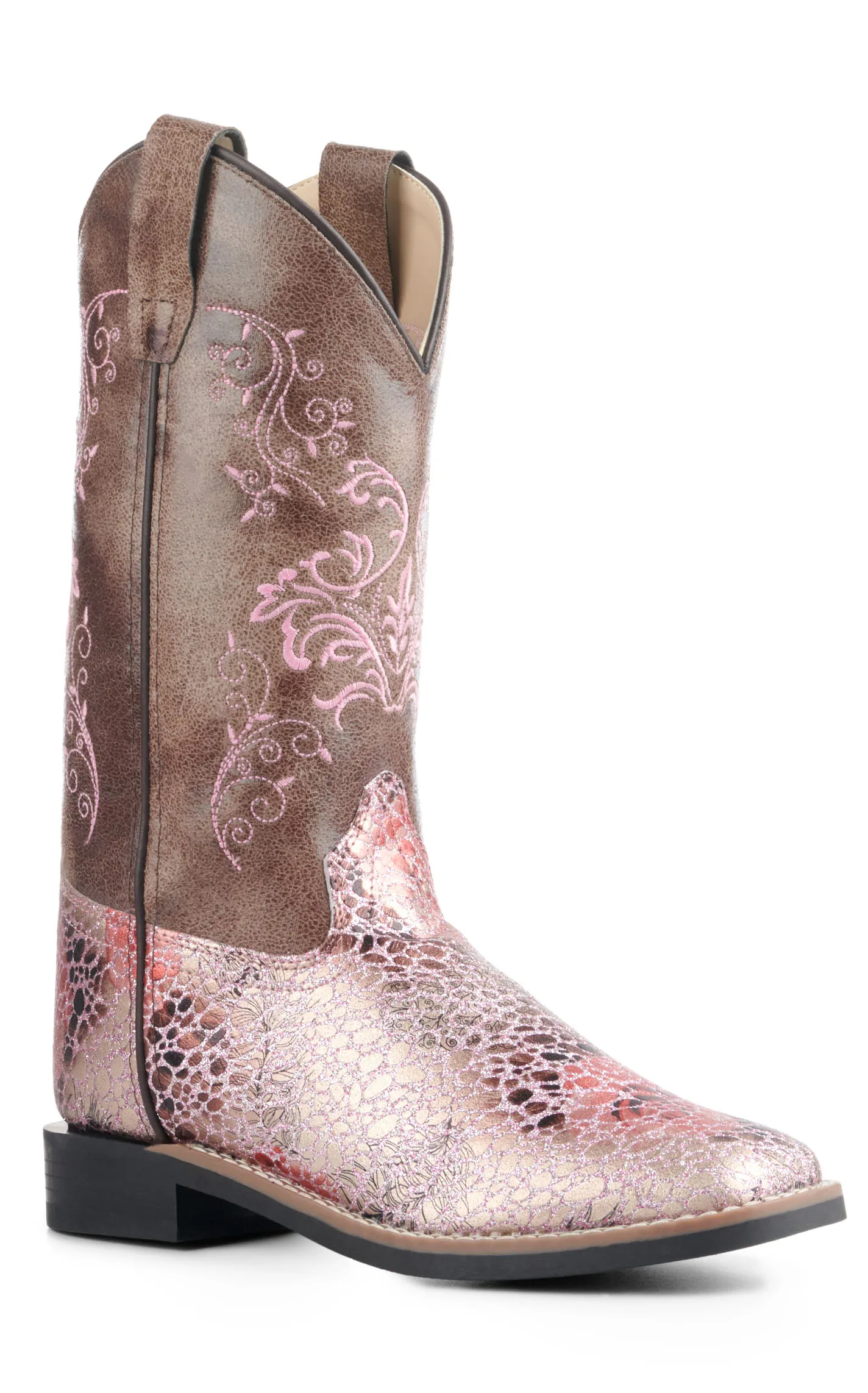 Square Toe Cowboy Boots Brown Crackle Antique Pink Youth Old West