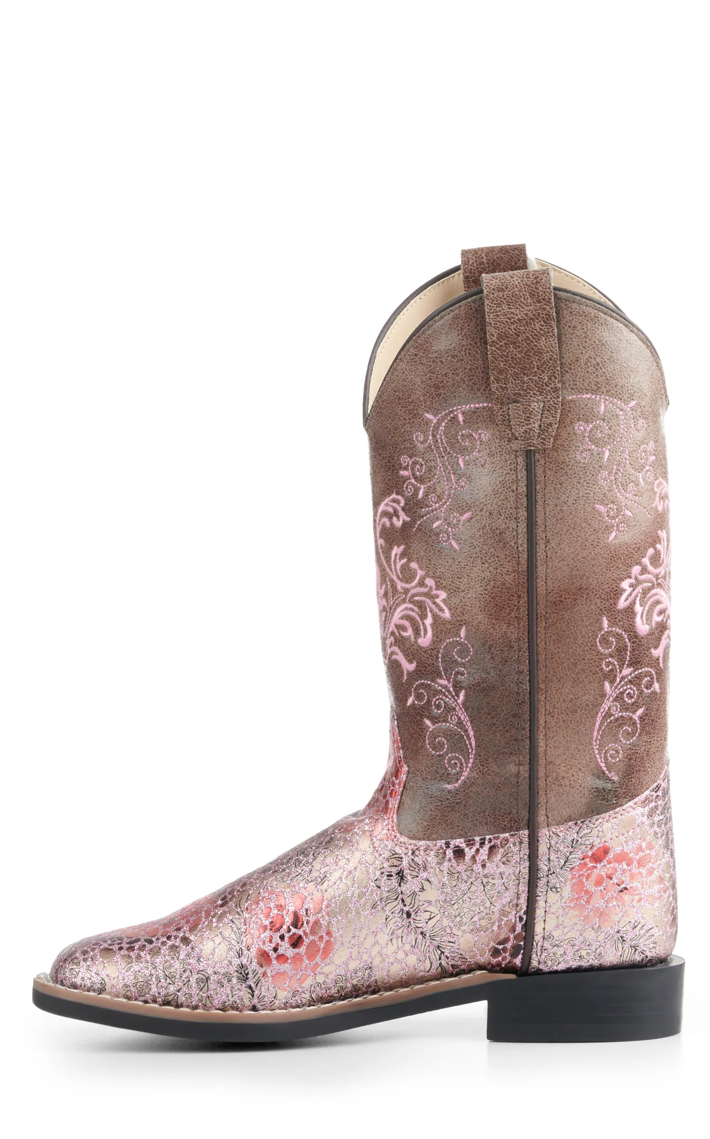 Square Toe Cowboy Boots Brown Crackle Antique Pink Youth Old West