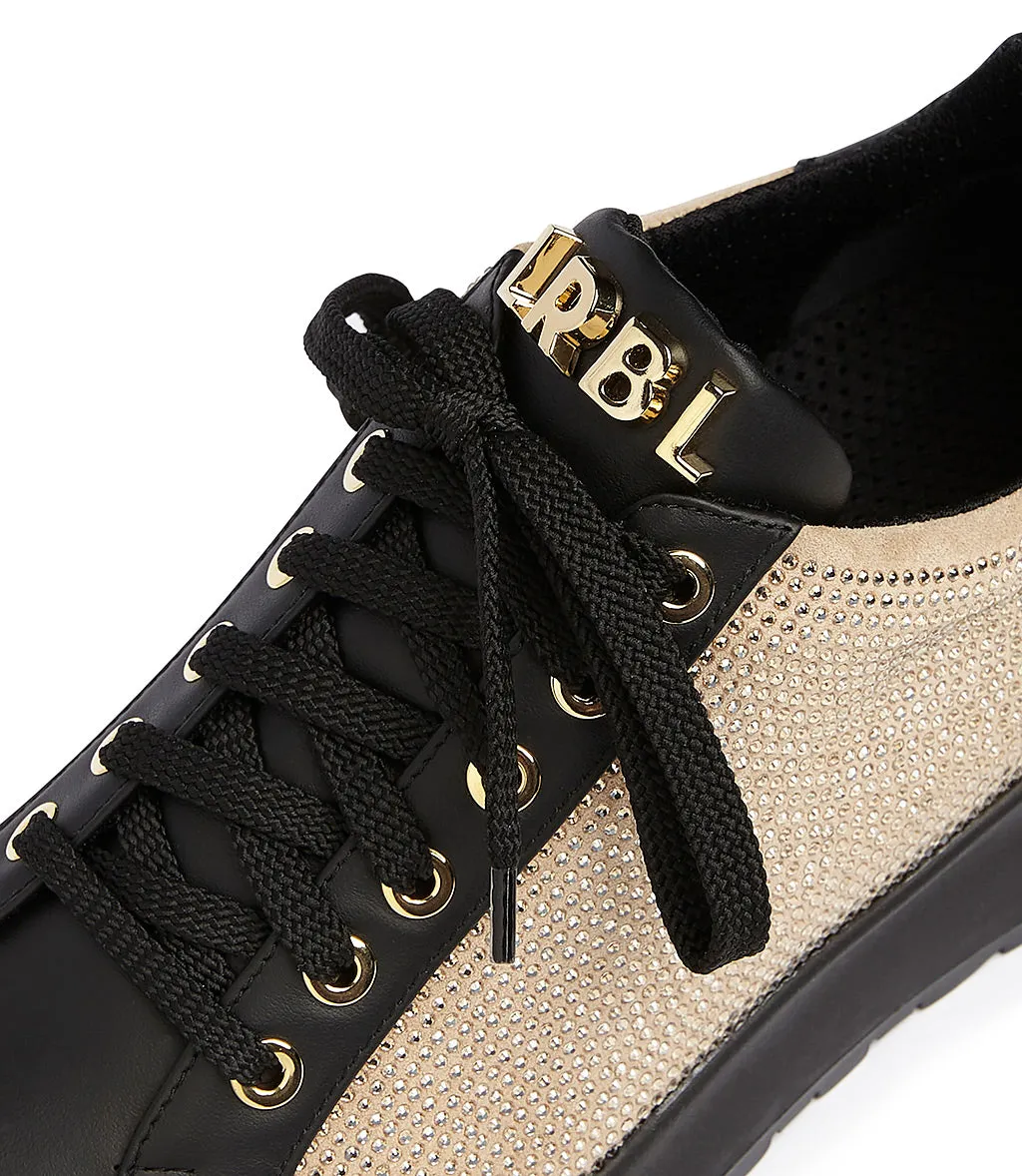 Studded rhinestone black leather and beige suede tennis shoes.