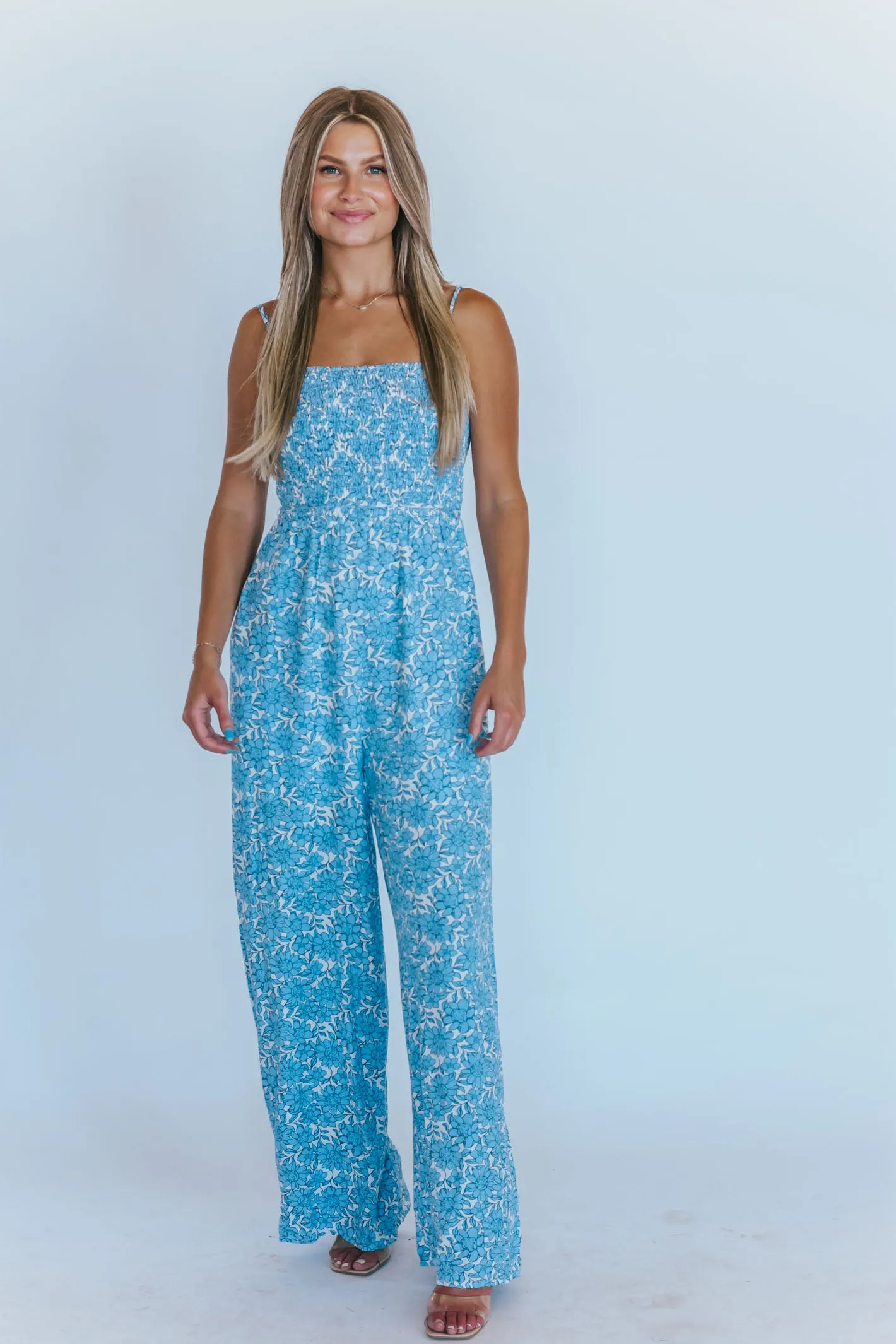 Stylish Blue Sleeveless Jumpsuit with Flyaway Wide Legs