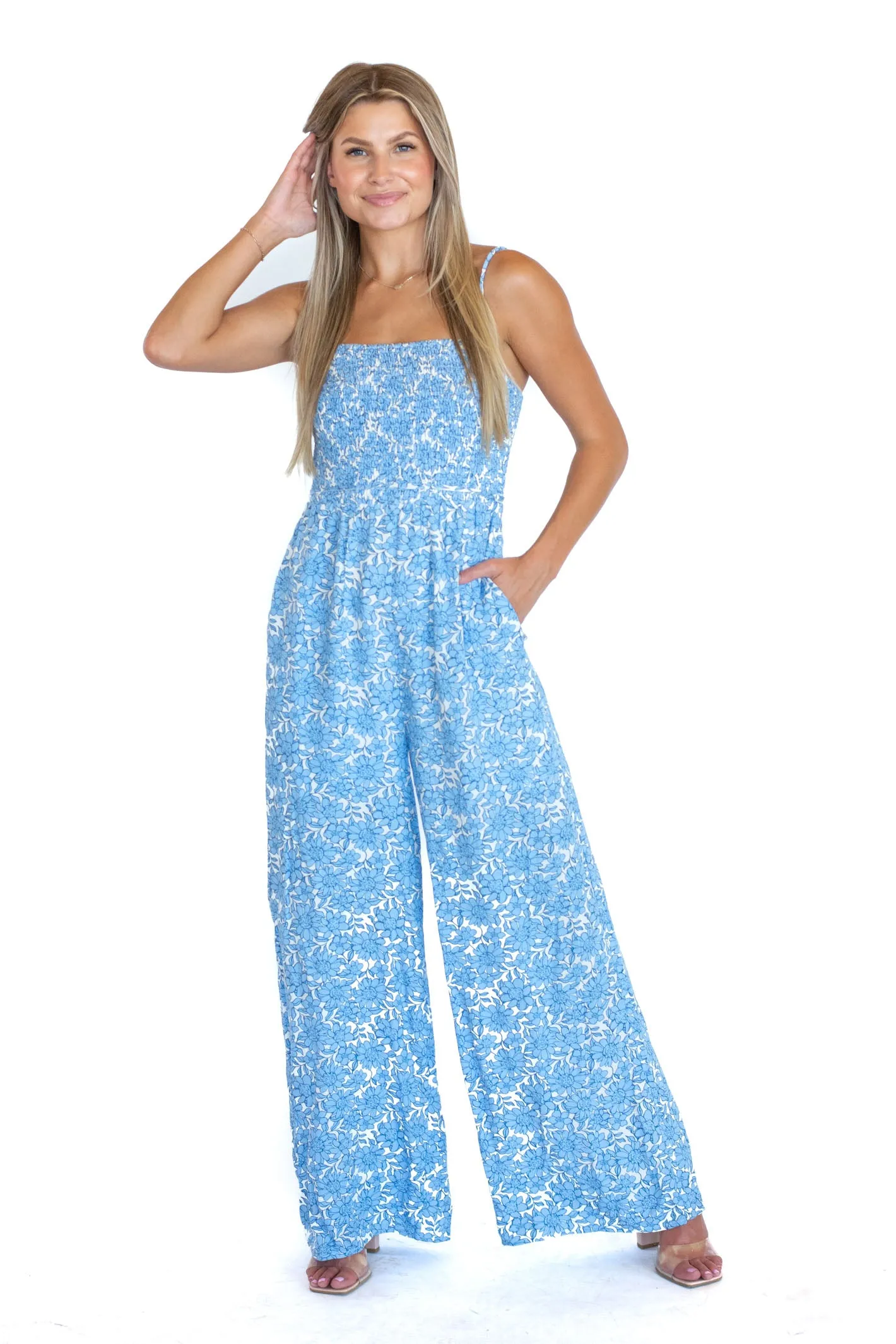 Stylish Blue Sleeveless Jumpsuit with Flyaway Wide Legs