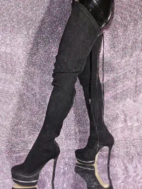 Suede Thigh High Boots Black Platform High Heel Over The Knee Boots