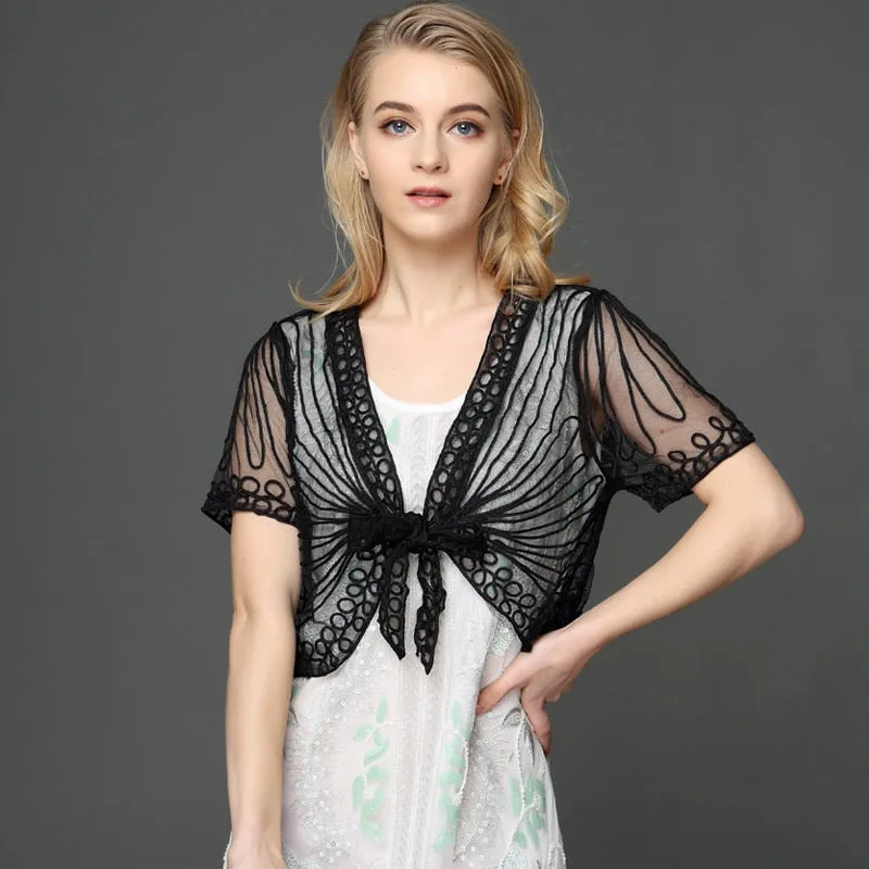 Summer Lace Crochet Shrug Bolero Embroidered Cardigan Women's Short Sleeve Mesh Top