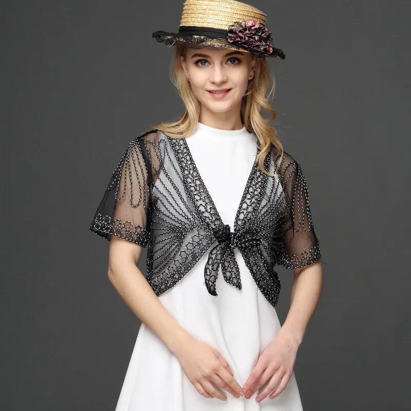 Summer Lace Crochet Shrug Bolero Embroidered Cardigan Women's Short Sleeve Mesh Top