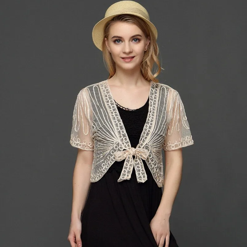 Summer Lace Crochet Shrug Bolero Embroidered Cardigan Women's Short Sleeve Mesh Top