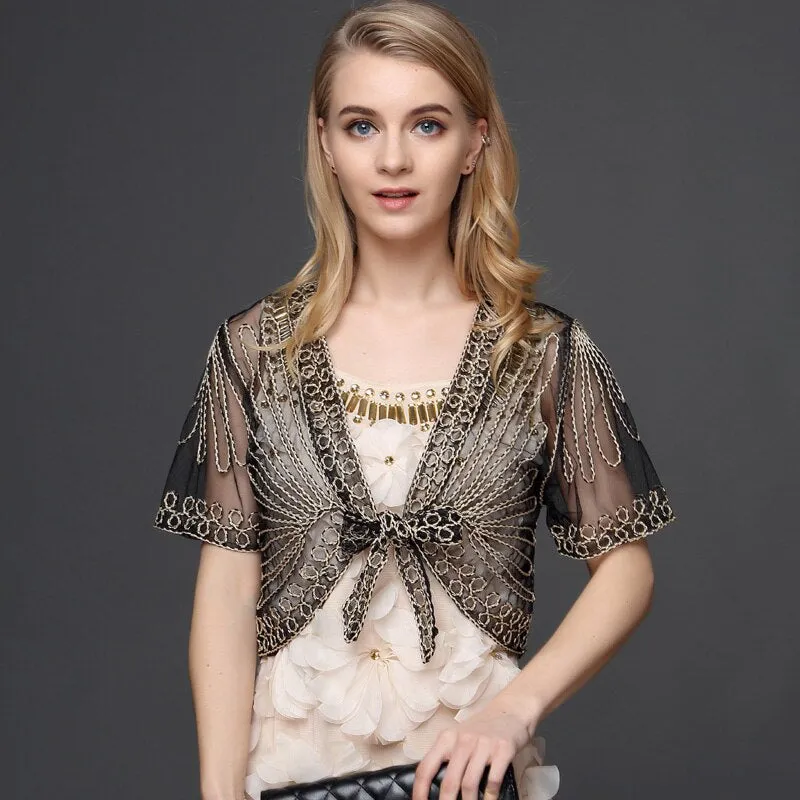 Summer Lace Crochet Shrug Bolero Embroidered Cardigan Women's Short Sleeve Mesh Top