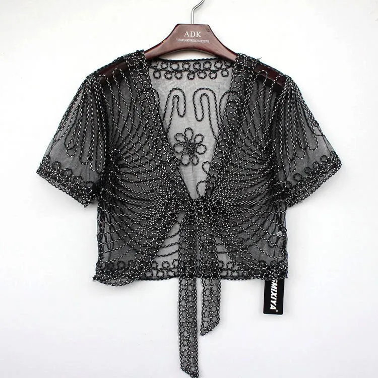 Summer Lace Crochet Shrug Bolero Embroidered Cardigan Women's Short Sleeve Mesh Top