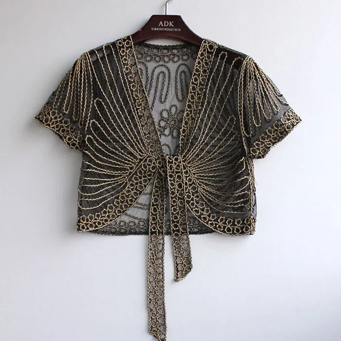 Summer Lace Crochet Shrug Bolero Embroidered Cardigan Women's Short Sleeve Mesh Top