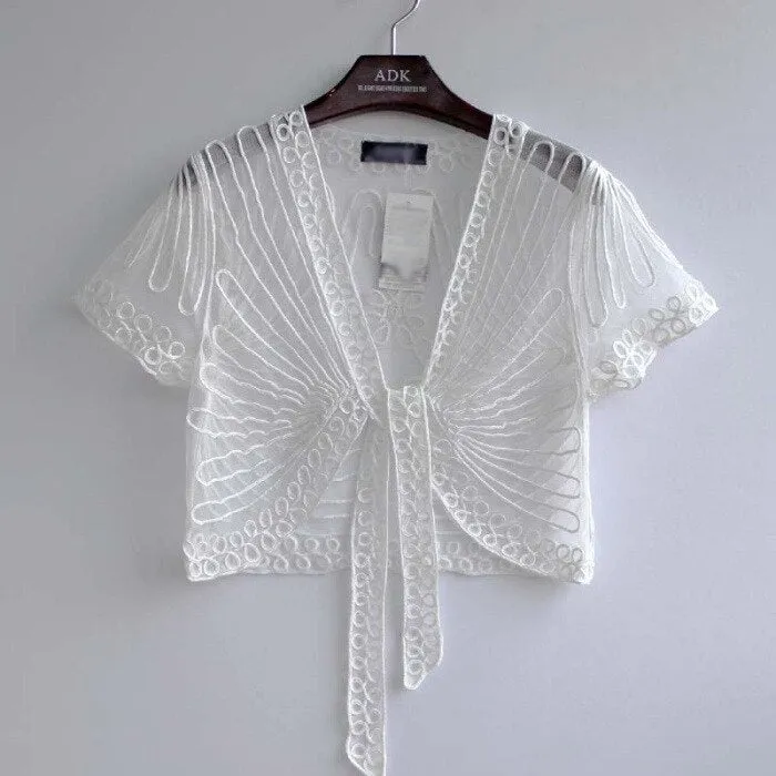 Summer Lace Crochet Shrug Bolero Embroidered Cardigan Women's Short Sleeve Mesh Top