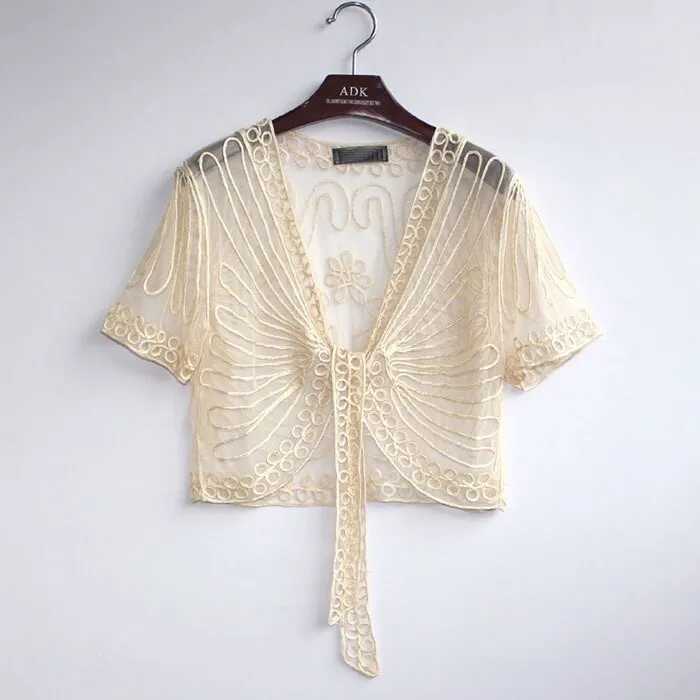 Summer Lace Crochet Shrug Bolero Embroidered Cardigan Women's Short Sleeve Mesh Top