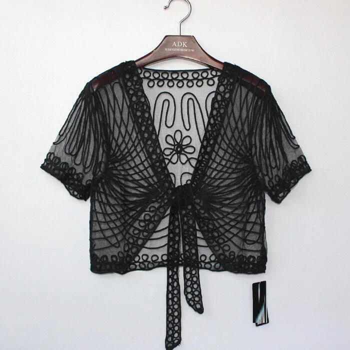 Summer Lace Crochet Shrug Bolero Embroidered Cardigan Women's Short Sleeve Mesh Top