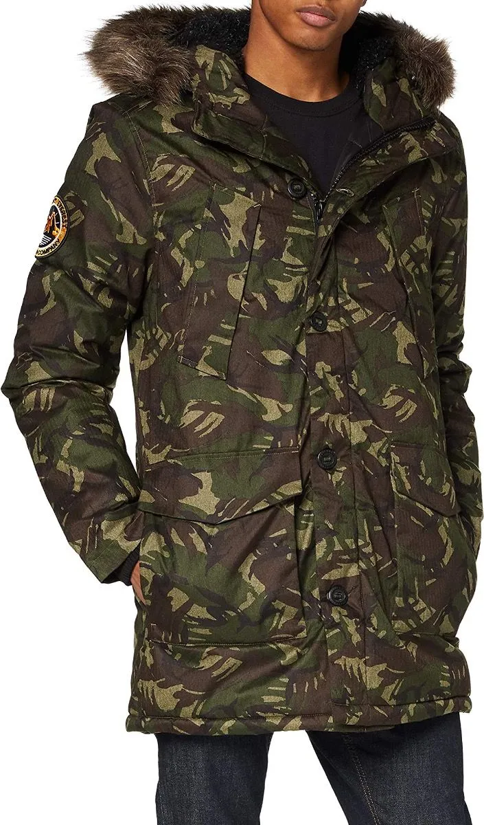 Green Superdry Hooded Everest Puffer Jacket Marl Camo