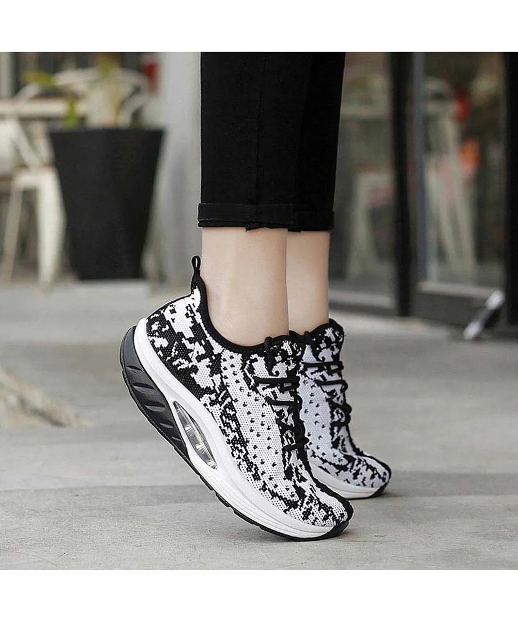 White Black Texture Rocker Bottom Sneaker