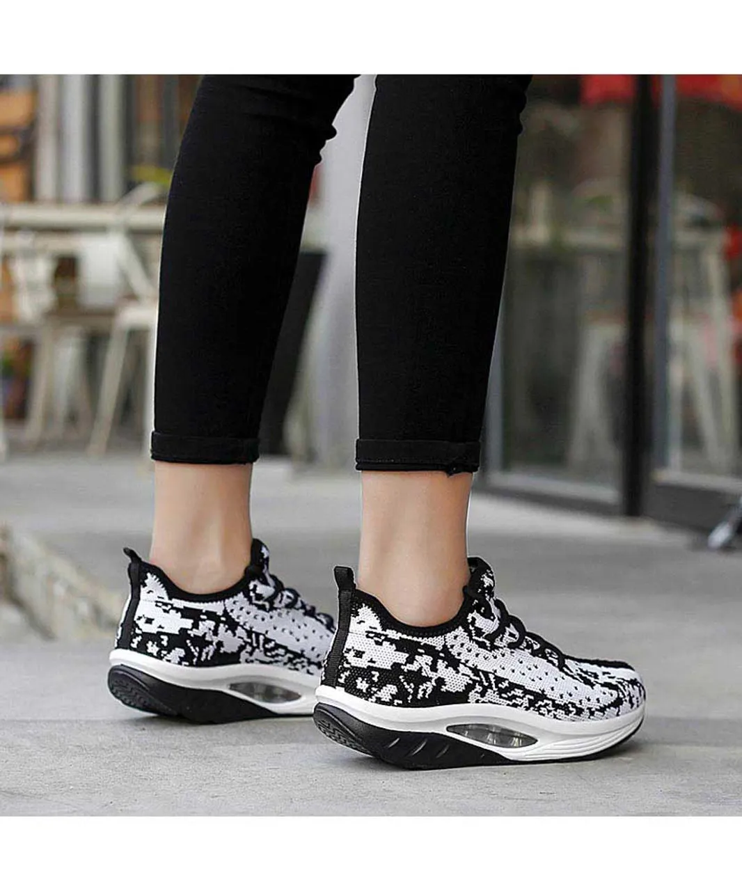 White Black Texture Rocker Bottom Sneaker