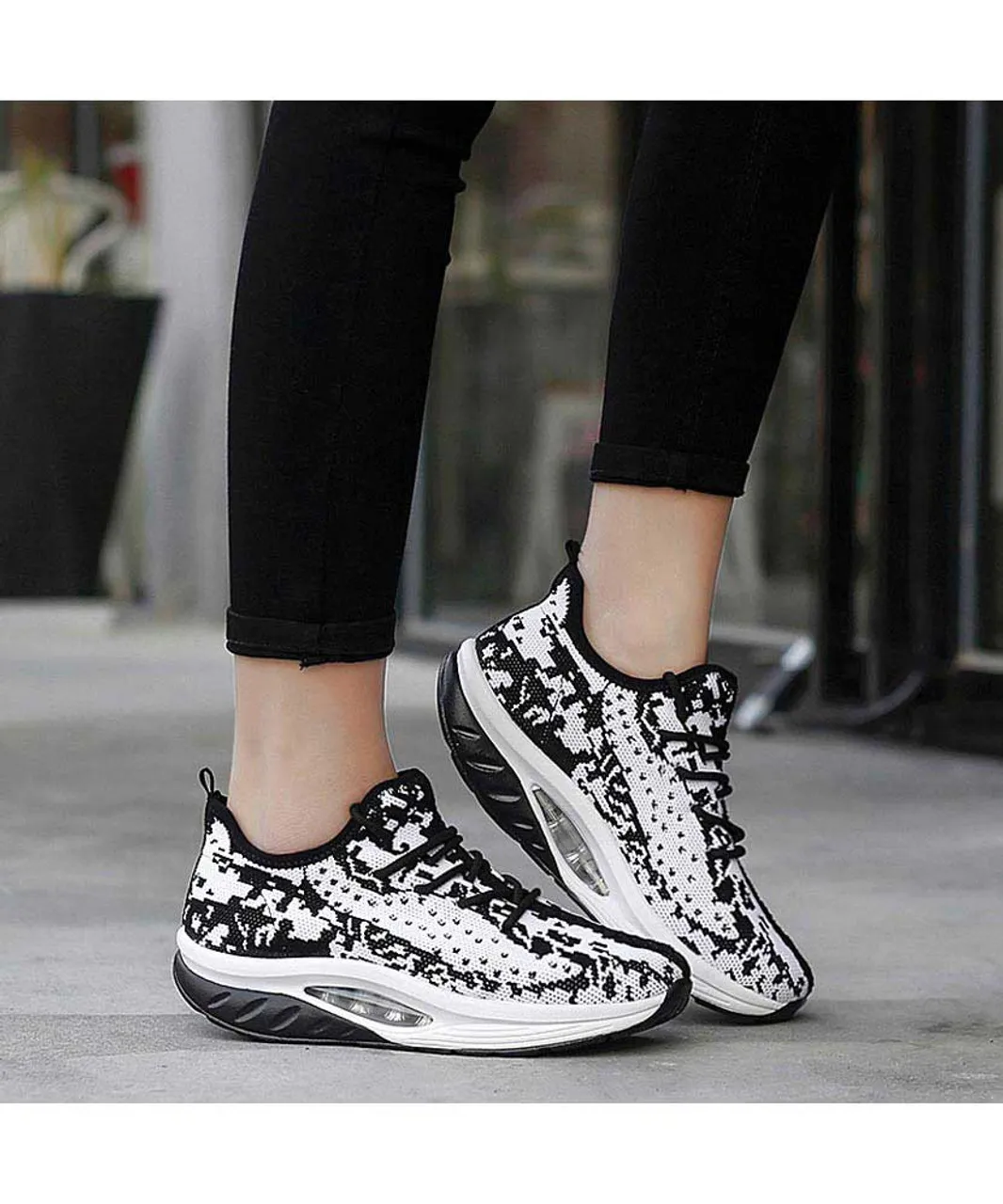 White Black Texture Rocker Bottom Sneaker