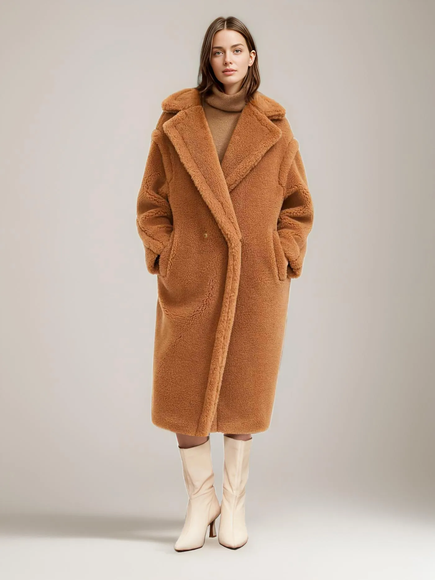 Women's Eco-friendly Fur Winter Coat with Notched Lapel and Longline Design.