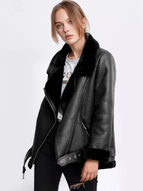 Winter Women's Faux Shearling PU Leather Moto Jacket Outerwear.