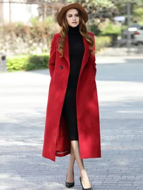 Solid Color Long Winter Coat with Sash and Turndown Collar for Women - 2024