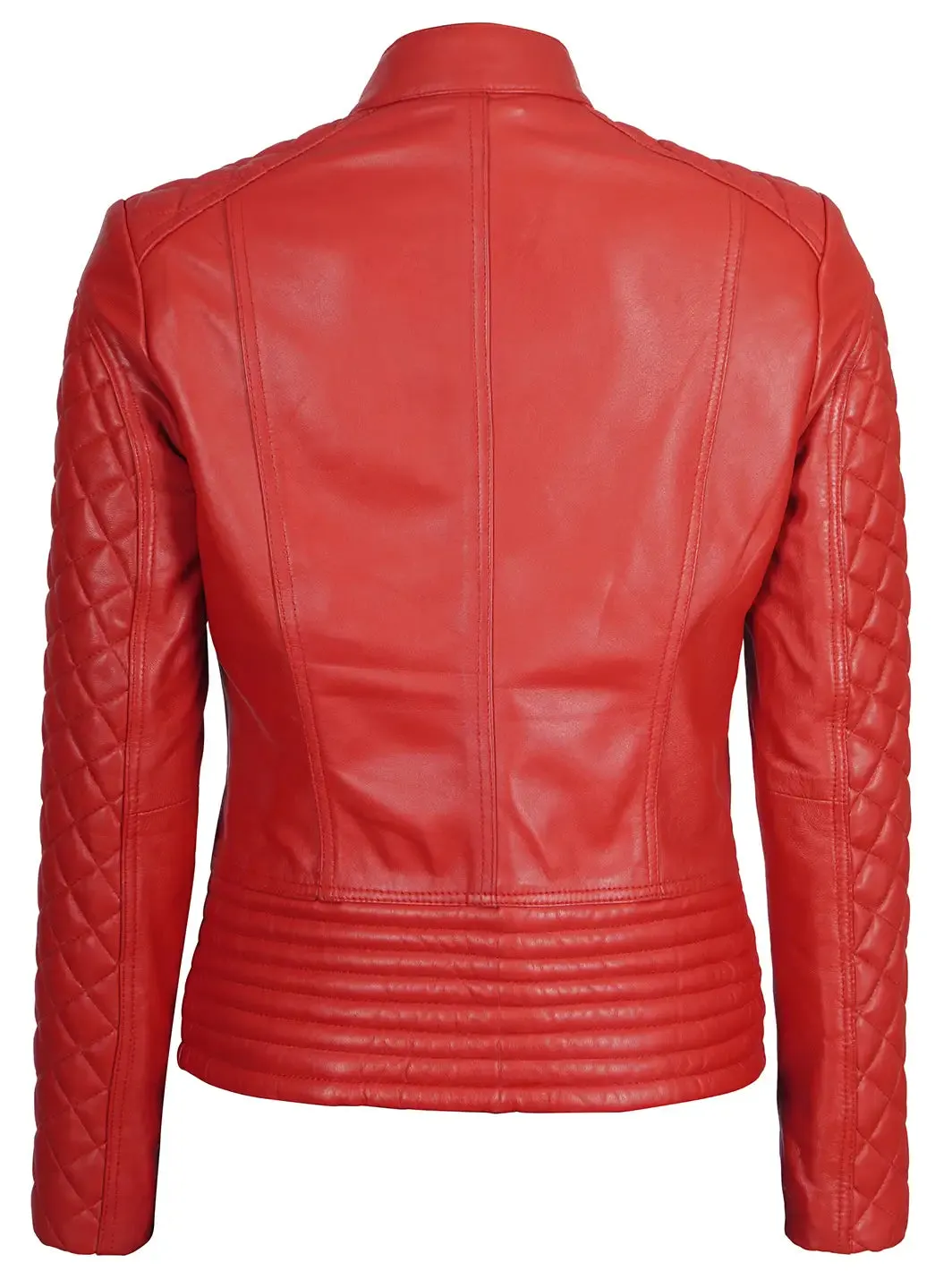 Red Quilted Leather Cafe Racer Jacket for Women