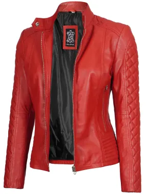 Red Quilted Leather Cafe Racer Jacket for Women