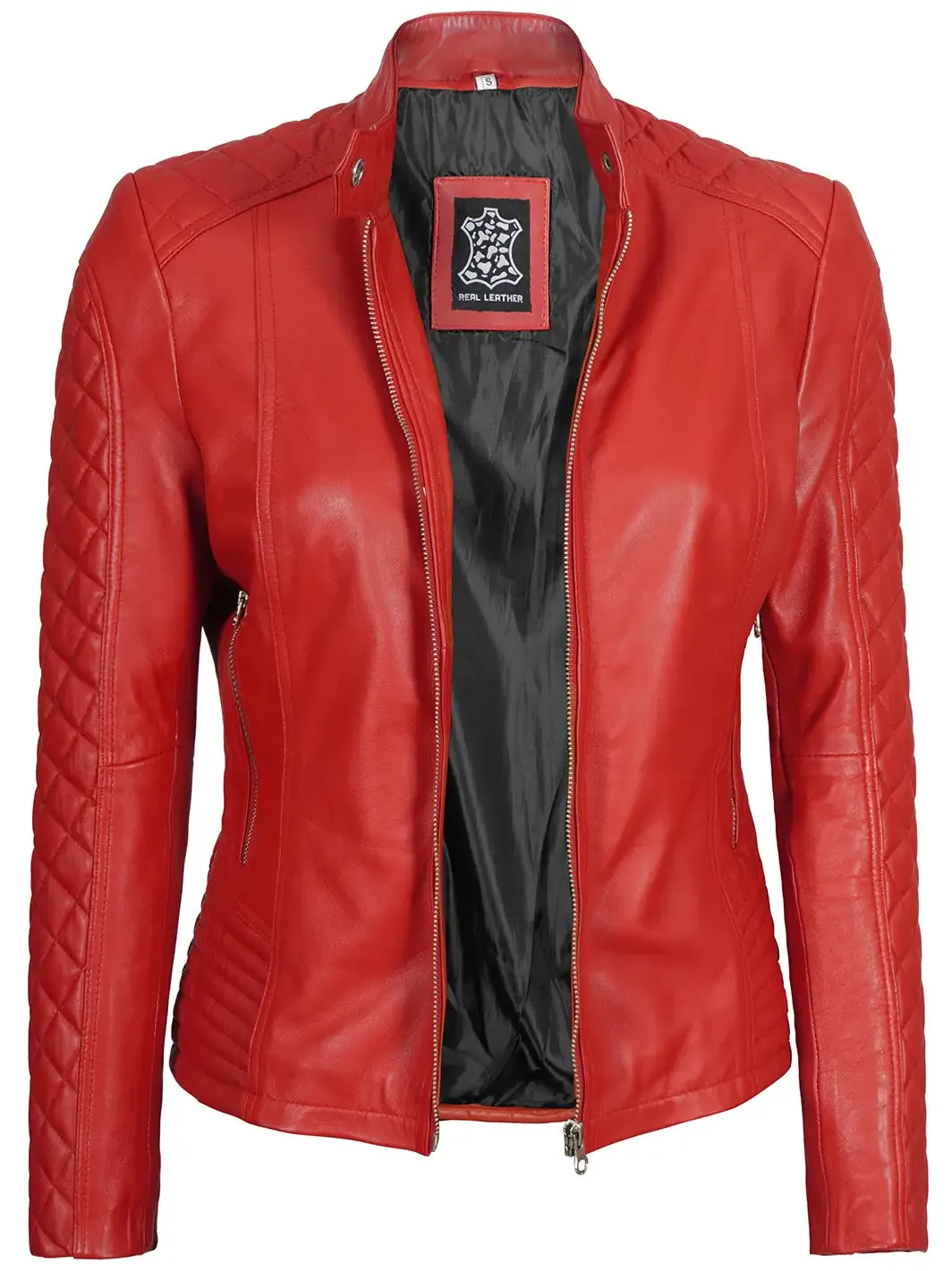 Red Quilted Leather Cafe Racer Jacket for Women