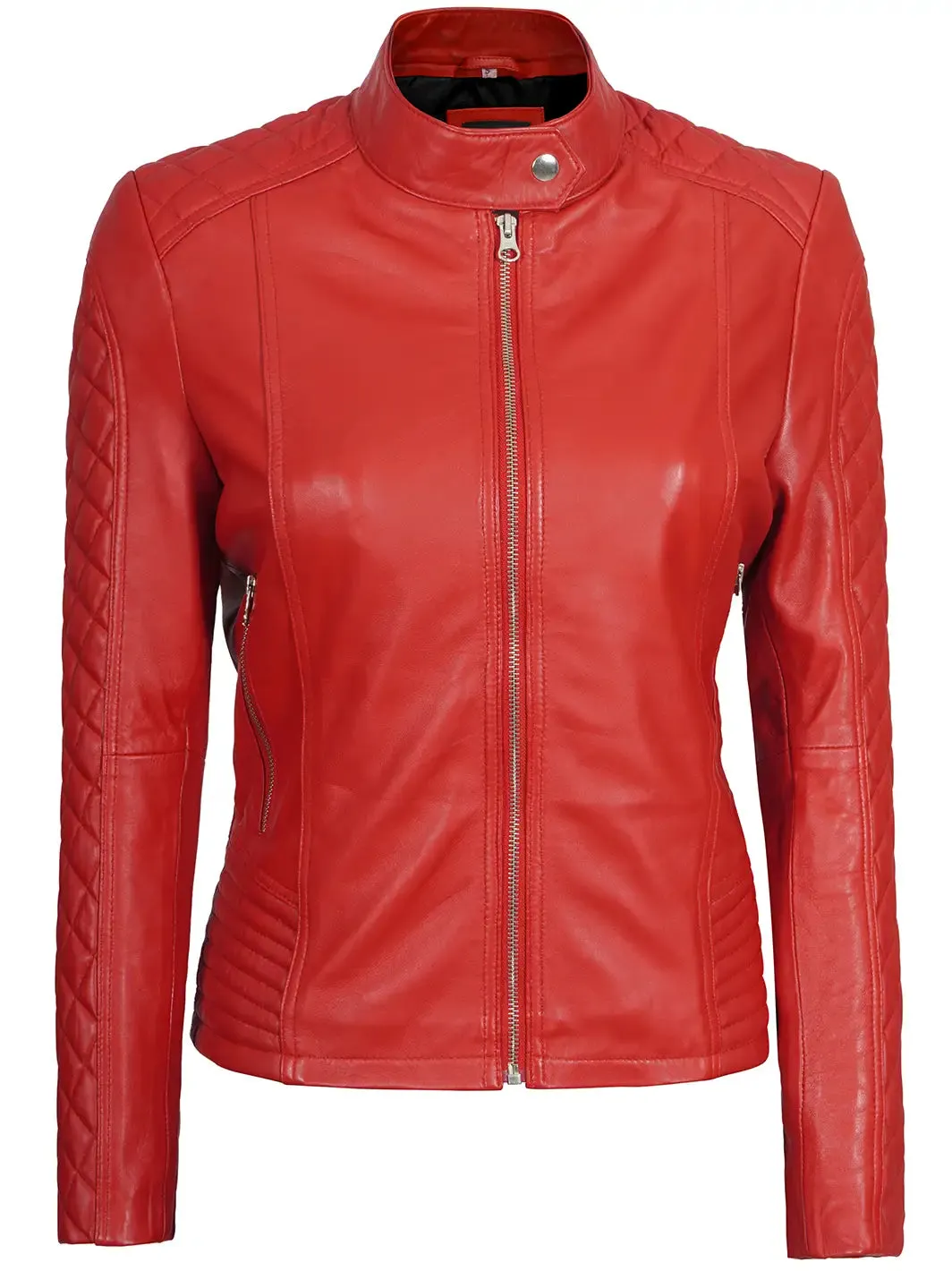 Red Quilted Leather Cafe Racer Jacket for Women