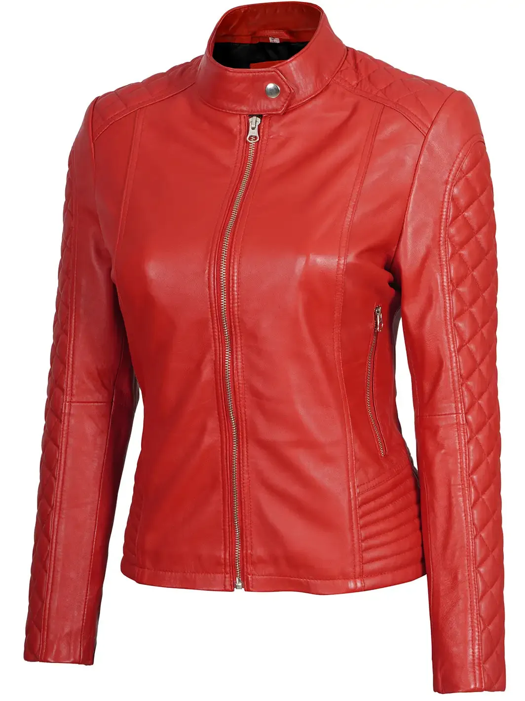 Red Quilted Leather Cafe Racer Jacket for Women