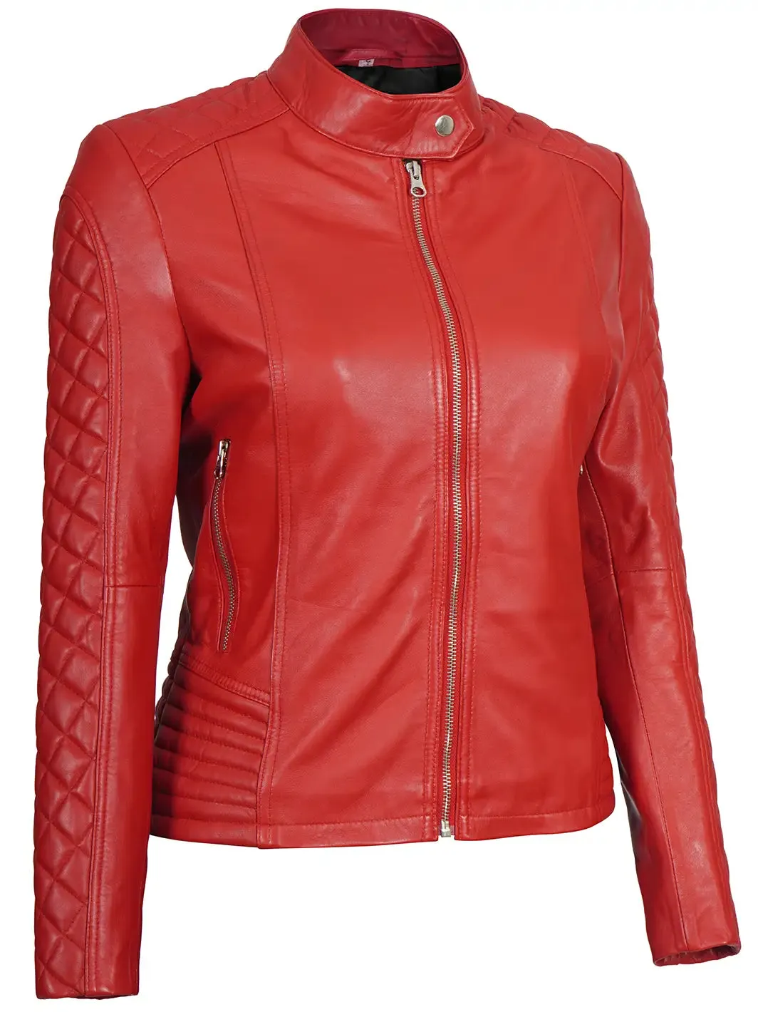 Red Quilted Leather Cafe Racer Jacket for Women