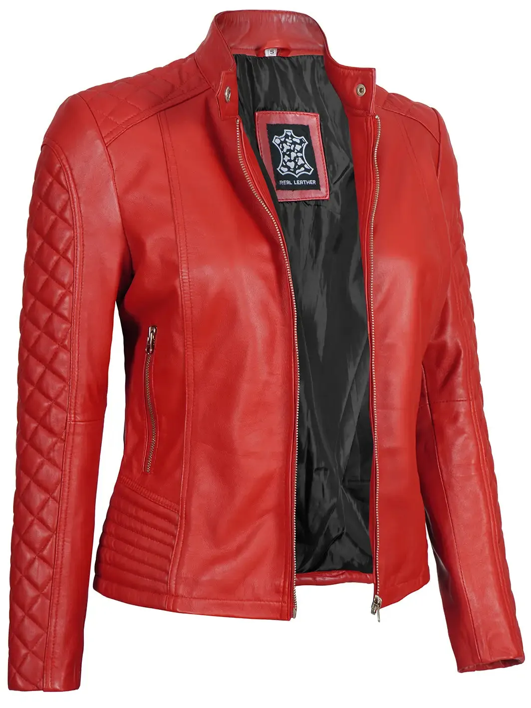 Red Quilted Leather Cafe Racer Jacket for Women