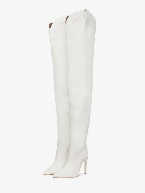 Women White Pointed Toe Over-The-Knee Thigh High Western Boots