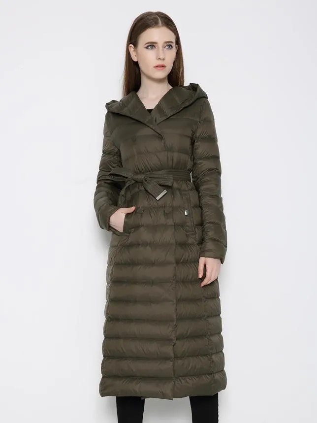 Women's Belted Hooded Down Coat - Quilted Winter Outerwear