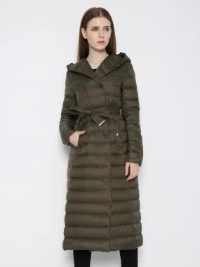 Women's Belted Hooded Down Coat - Quilted Winter Outerwear