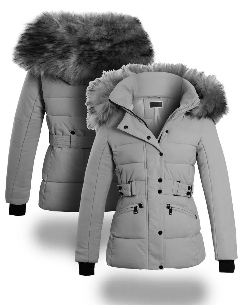 Grey Women's Puffer Jacket with Faux Fur (Sizes 8-16)