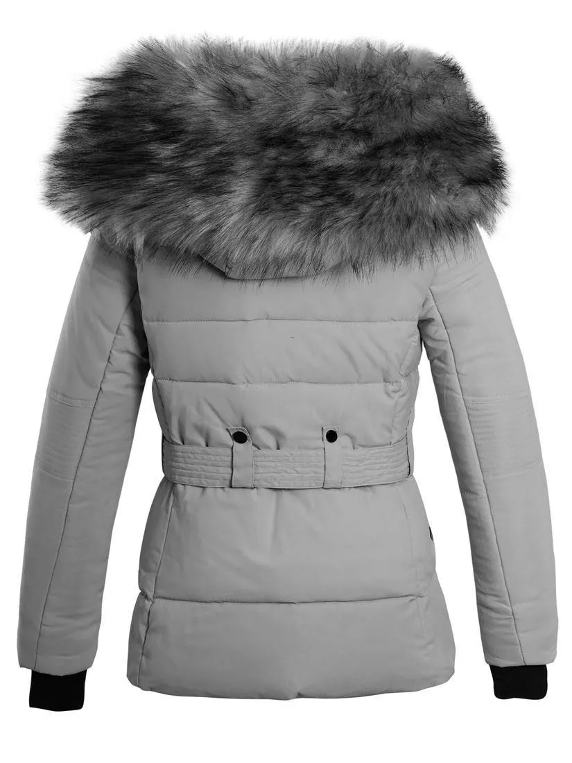 Grey Women's Puffer Jacket with Faux Fur (Sizes 8-16)