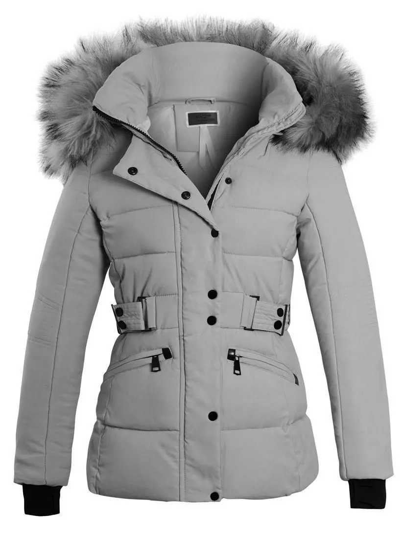 Grey Women's Puffer Jacket with Faux Fur (Sizes 8-16)