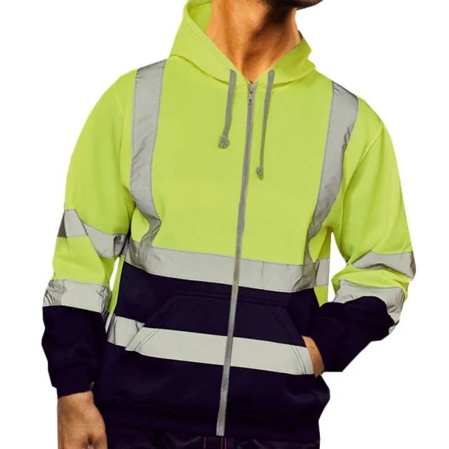 Men's Color Block Patchwork Ski Jacket with Hood and Reflective Visibility, ideal for Workwear.