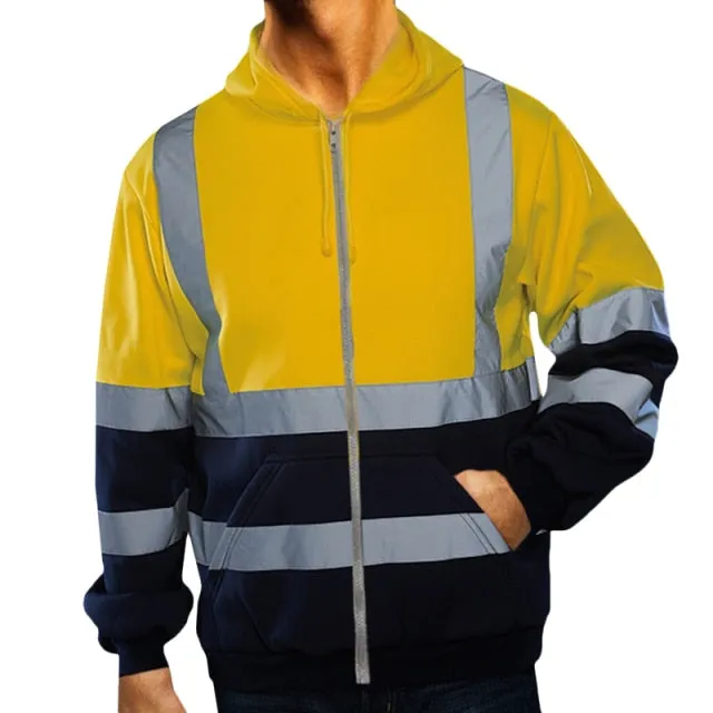 Men's Color Block Patchwork Ski Jacket with Hood and Reflective Visibility, ideal for Workwear.