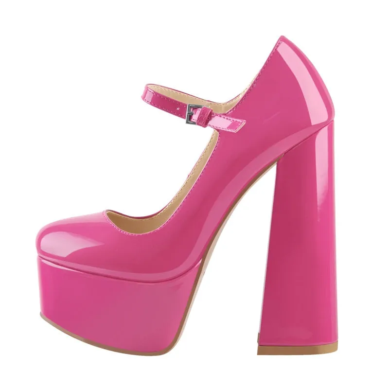 women's high heel platform shoes, 16CM thick heel footwear, in black and pink, with ankle strap.