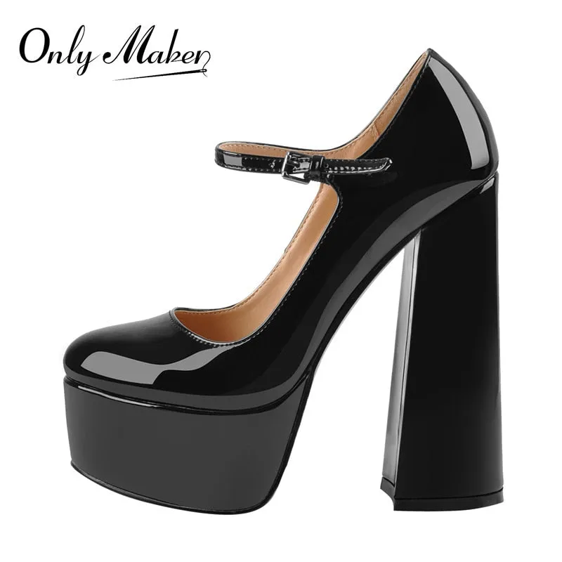 women's high heel platform shoes, 16CM thick heel footwear, in black and pink, with ankle strap.