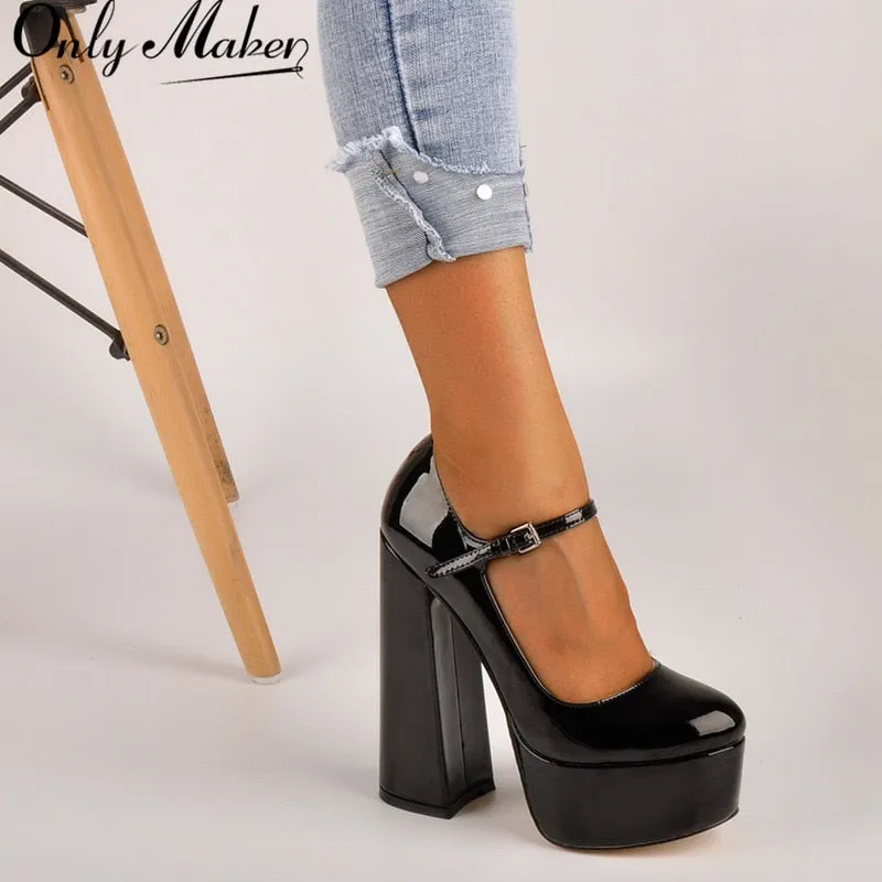 women's high heel platform shoes, 16CM thick heel footwear, in black and pink, with ankle strap.