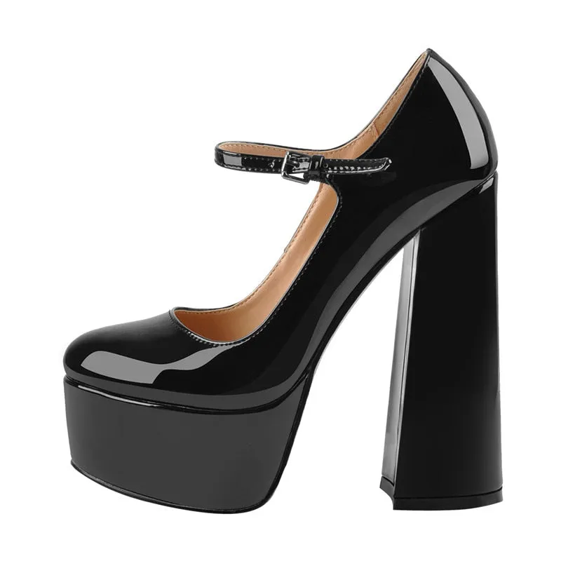 women's high heel platform shoes, 16CM thick heel footwear, in black and pink, with ankle strap.